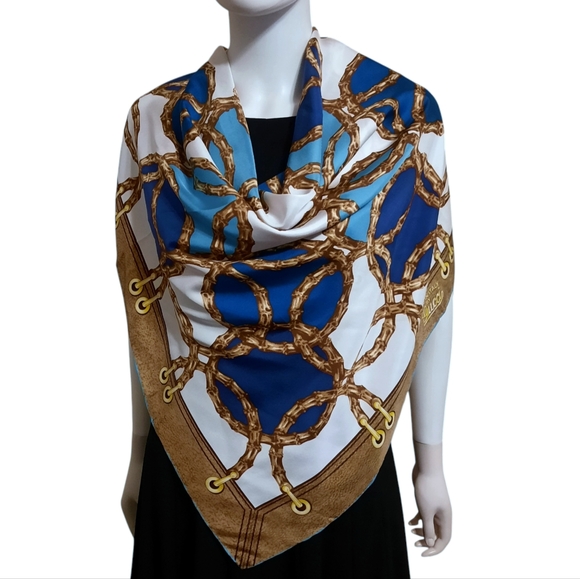 GUCCI Bamboo Circle Print 2015 Silk Scarf 34"x34" Blue/White/Brown - Picture 3 of 10